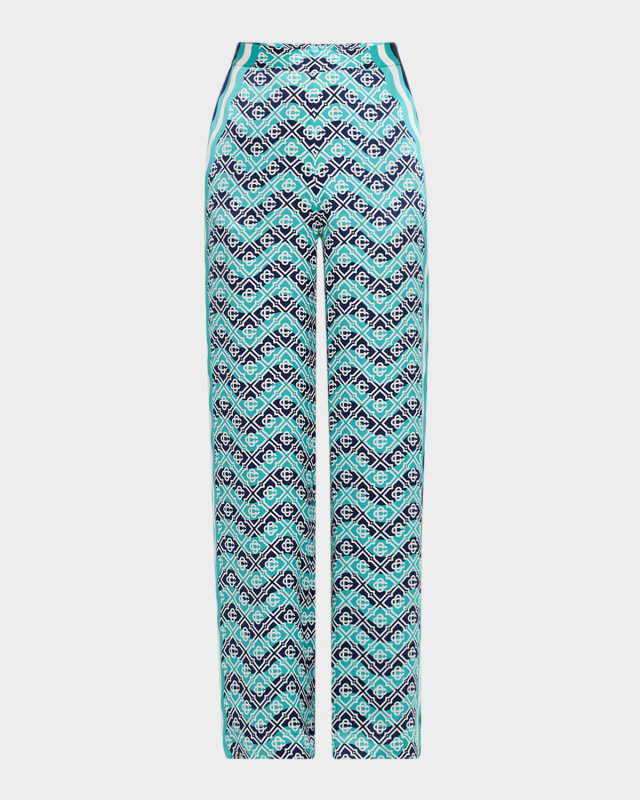 Monogram Wavy-Print Silk Straight-Leg Trousers